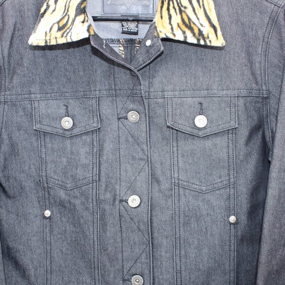 GUESS Black Denim Jacket with Animal Print Trim - Picture 4 of 12